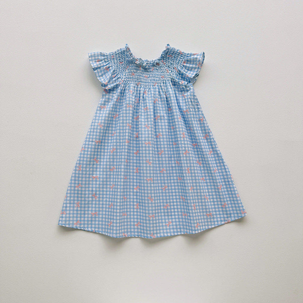 MyKids-USA® Baby Girls Fly Sleeves Butterfly-bows and Plaid Pattern Dress