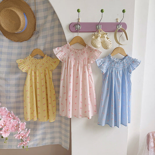 MyKids-USA® Baby Girls Fly Sleeves Butterfly-bows and Plaid Pattern Dress