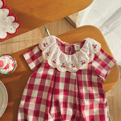 MyKids-USA® Baby Girls Short Sleeves Cherry and Plaid Pattern Dress
