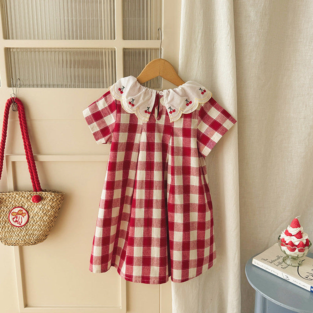MyKids-USA® Baby Girls Short Sleeves Cherry and Plaid Pattern Dress
