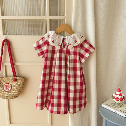 MyKids-USA® Baby Girls Short Sleeves Cherry and Plaid Pattern Dress