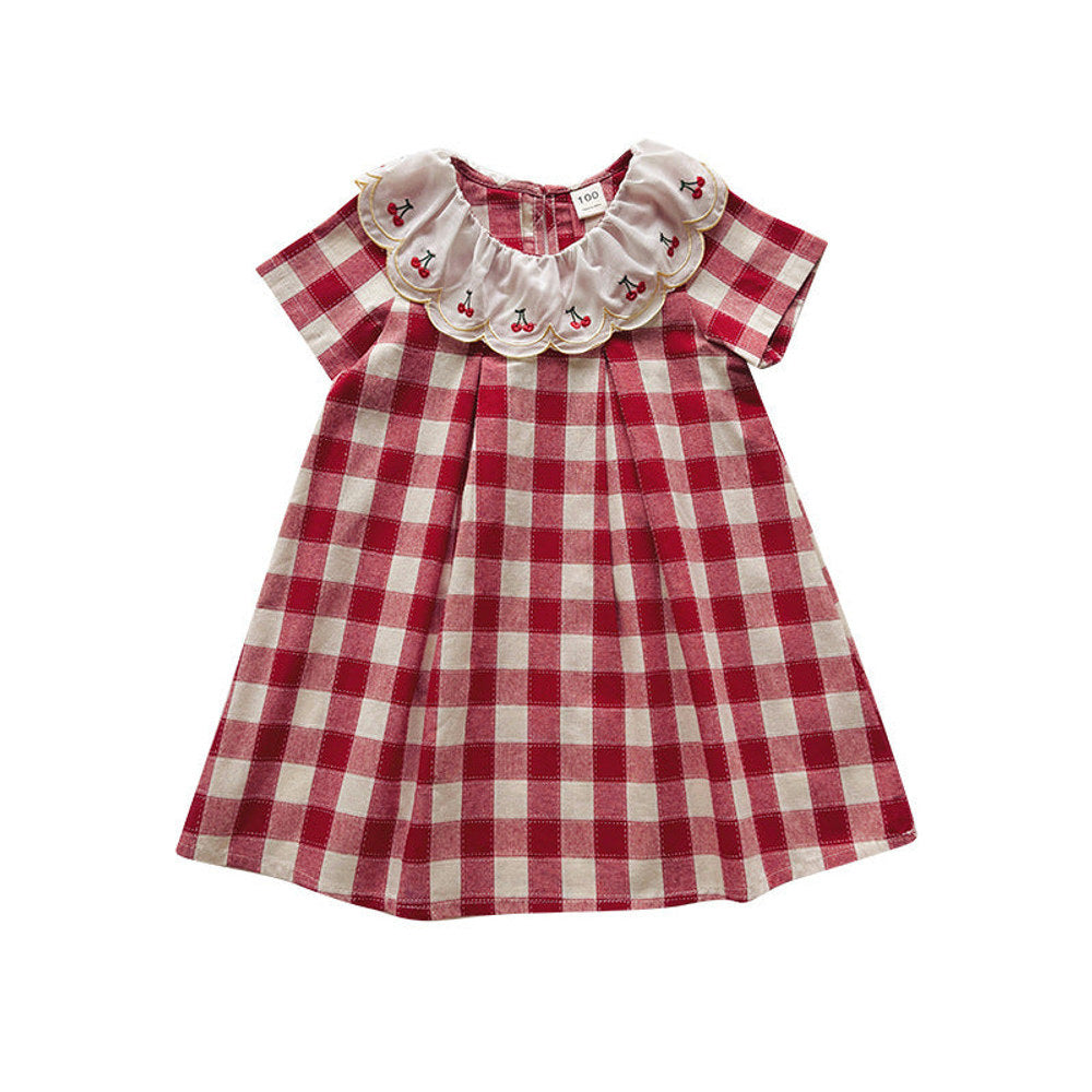 MyKids-USA® Baby Girls Short Sleeves Cherry and Plaid Pattern Dress