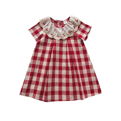 MyKids-USA® Baby Girls Short Sleeves Cherry and Plaid Pattern Dress