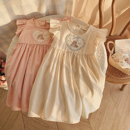 MyKids-USA® Baby Girls Fly Sleeves Heart and Teddy Bear Pattern Dress