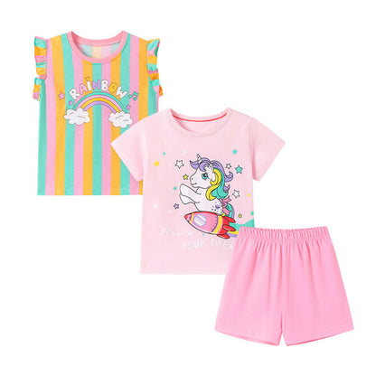 MyKids-USA® Baby Kids Girls Short Sleeves Cartoon Pattern T-shirt, Striped Vest and Shorts Clothing Set