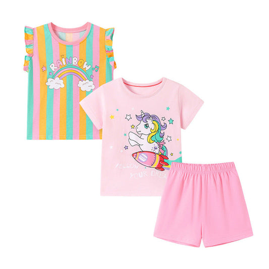 MyKids-USA® Baby Kids Girls Short Sleeves Cartoon Pattern T-shirt, Striped Vest and Shorts Clothing Set