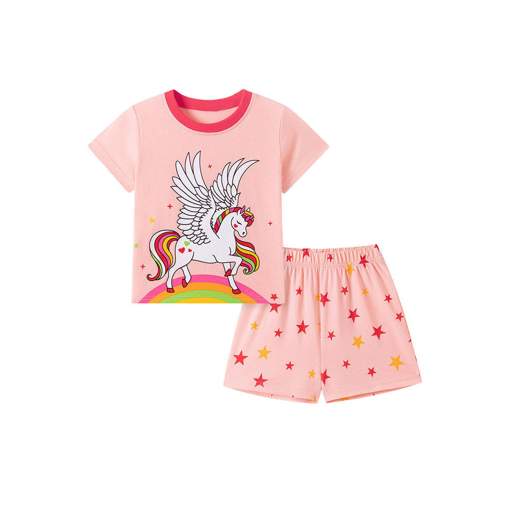 MyKids-USA® Summer Hot Selling Baby Kids Girls Short Sleeves Unicorn Cartoon Pattern T-shirt and Shorts Clothing Set