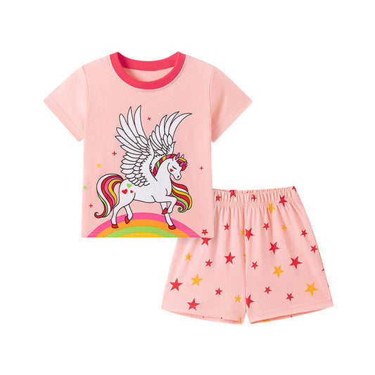 MyKids-USA® Baby Kids Girls Short Sleeves Unicorn Cartoon Pattern T-shirt and Shorts Clothing Set