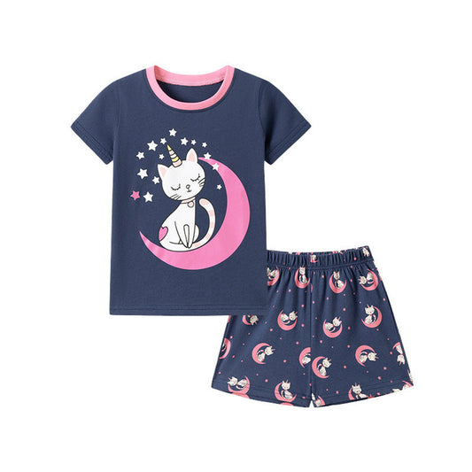 MyKids-USA® Baby Kids Girls Short Sleeves Cats Cartoon Pattern T-shirt and Shorts Clothing Set