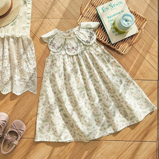 MyKids-USA® Baby Girls Sleeveless Flowers Pattern Embroidered Collar Dress