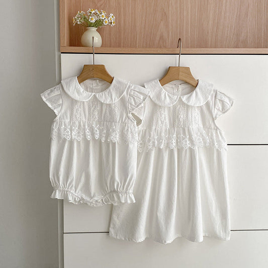 MyKids-USA® Girls Flowers Pattern Lace Trim Onesies and Dress – Princess Sister Matching Set