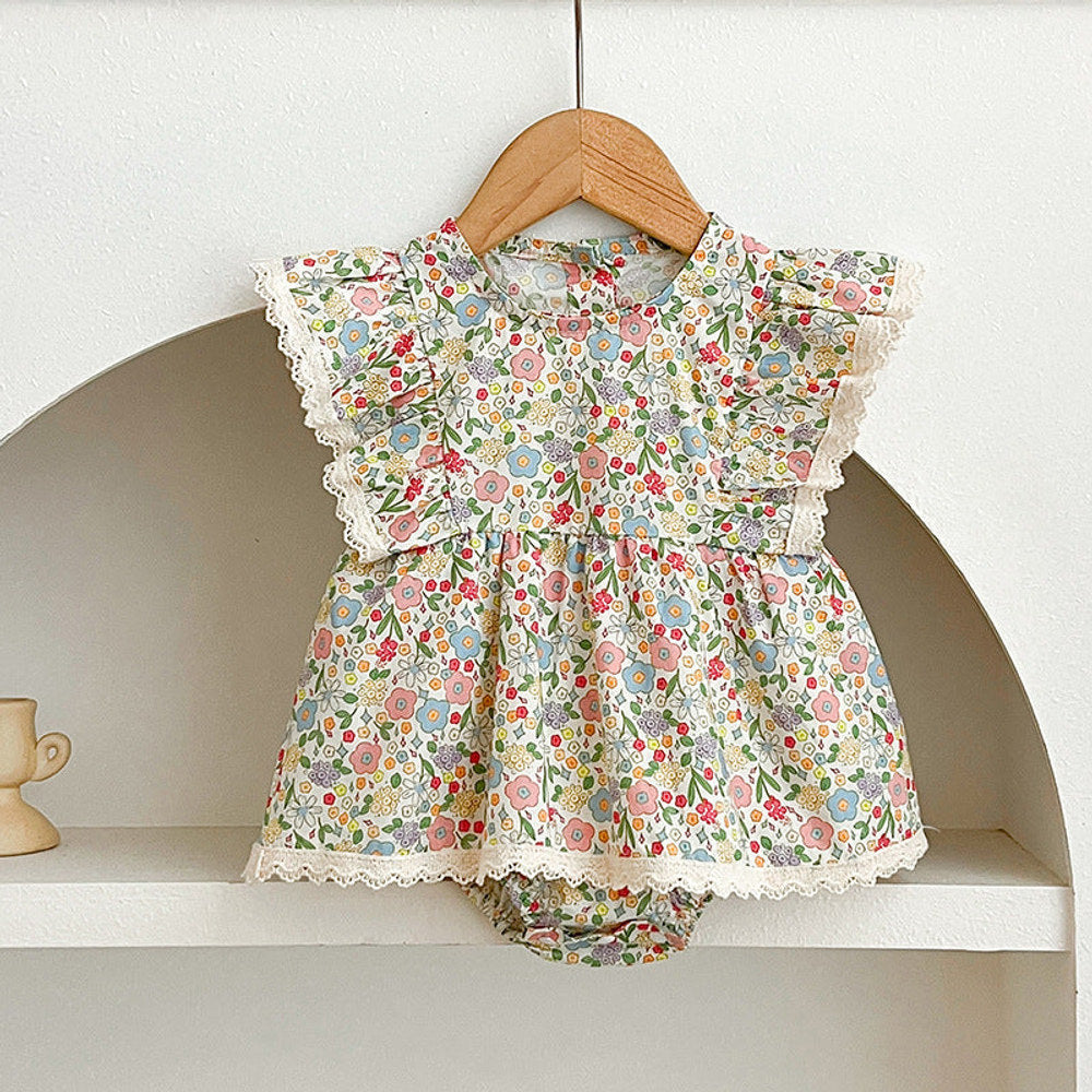 MyKids-USA® Girls Flowers Pattern Lace Trim Fly Sleeves Onesies and Dress – Princess Sister Matching Set