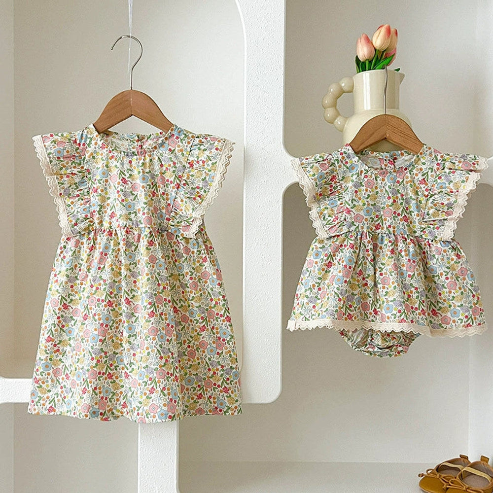 MyKids-USA® Girls Flowers Pattern Lace Trim Fly Sleeves Onesies and Dress – Princess Sister Matching Set