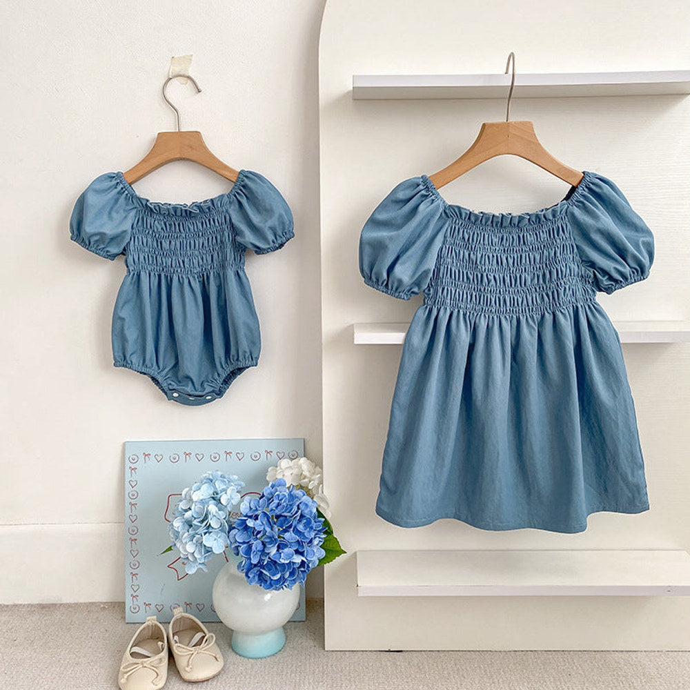 MyKids-USA® Girls Solid Color Square Neck Short Sleeves Onesies and Dress – Princess Sister Matching Set