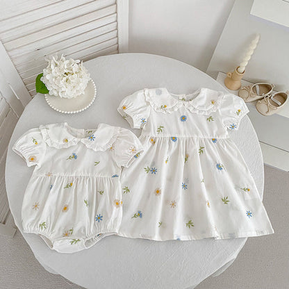 MyKids-USA® Baby Girls French-style Floral Embroidery Pattern Short-sleeved Bodysuit and Dress – Princess Sister Matching Set