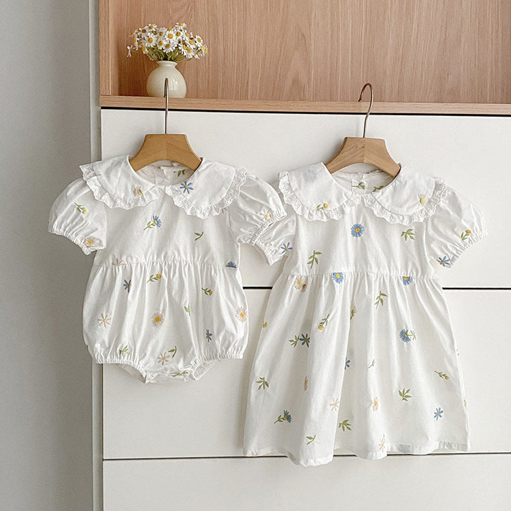 MyKids-USA® Baby Girls French-style Floral Embroidery Pattern Short-sleeved Bodysuit and Dress – Princess Sister Matching Set