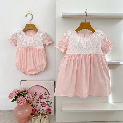 MyKids-USA® Baby Girls Color Patchwork Flowers Pattern Short-sleeved Onesies and Dress – Princess Sister Matching Set