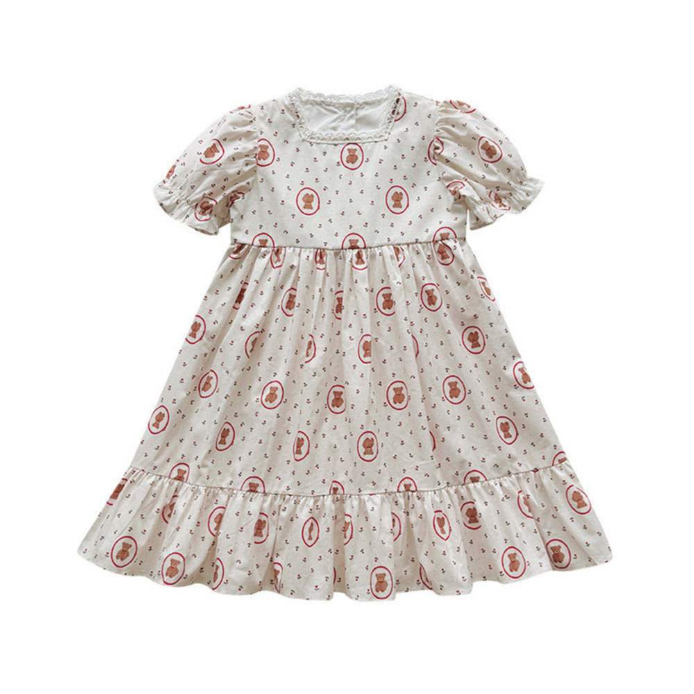 MyKids-USA® Baby Girls Short Sleeves Teddy Bear Pattern Floral Dress