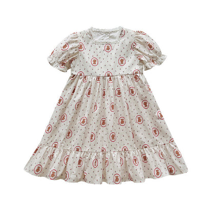 MyKids-USA® Baby Girls Short Sleeves Teddy Bear Pattern Floral Dress