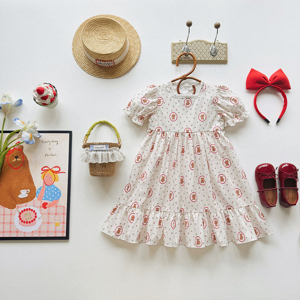 MyKids-USA® Baby Girls Short Sleeves Teddy Bear Pattern Floral Dress