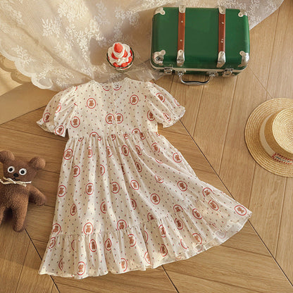 MyKids-USA® Baby Girls Short Sleeves Teddy Bear Pattern Floral Dress
