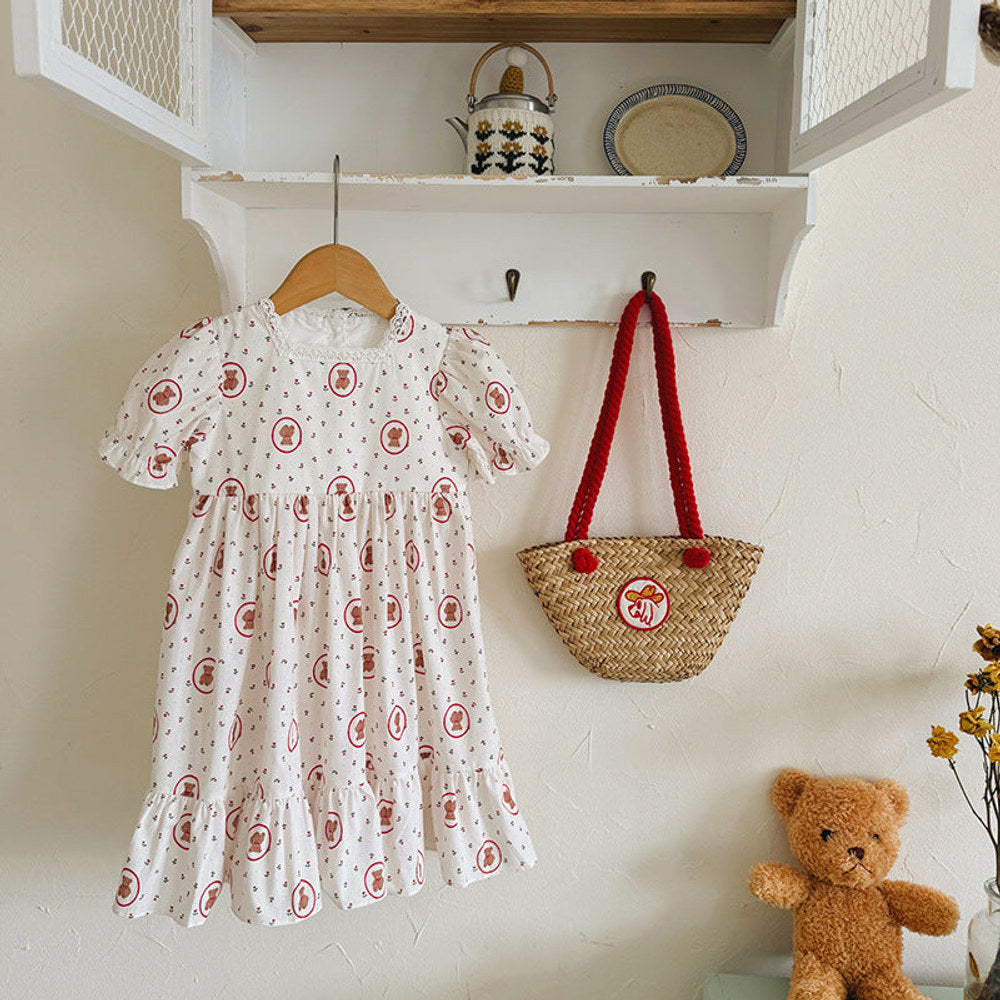 MyKids-USA® Baby Girls Short Sleeves Teddy Bear Pattern Floral Dress