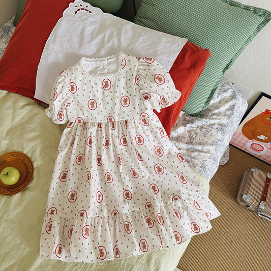 MyKids-USA® Baby Girls Short Sleeves Teddy Bear Pattern Floral Dress