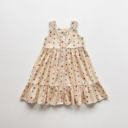 MyKids-USA® Baby Girls Sleeveless Dots Pattern Lace Trim Dress