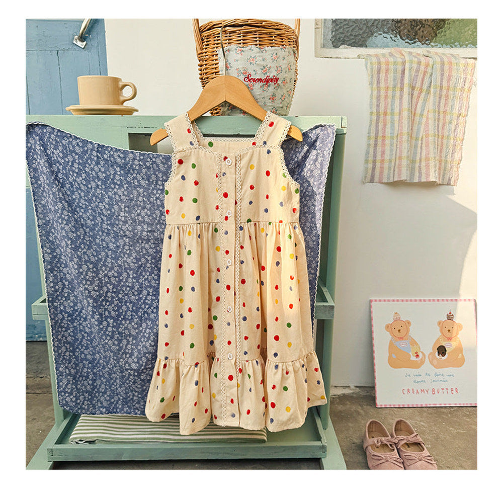 MyKids-USA® Baby Girls Sleeveless Dots Pattern Lace Trim Dress