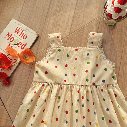MyKids-USA® Baby Girls Sleeveless Dots Pattern Lace Trim Dress