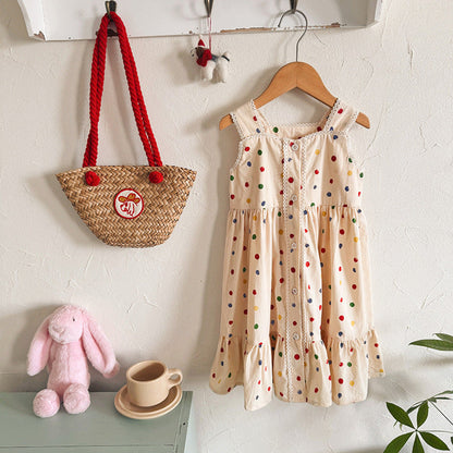MyKids-USA® Baby Girls Sleeveless Dots Pattern Lace Trim Dress
