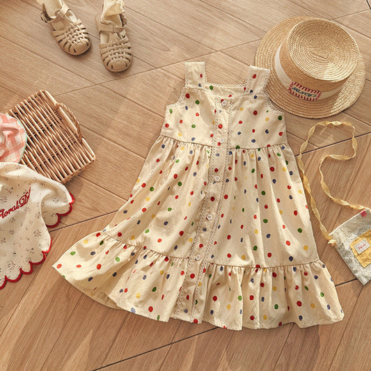 MyKids-USA® Baby Girls Sleeveless Dots Pattern Lace Trim Dress