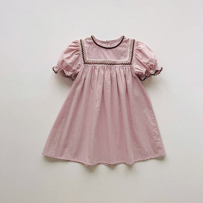 MyKids-USA® Baby Girls Short Sleeves Colorful Lace Trim Pattern Dress