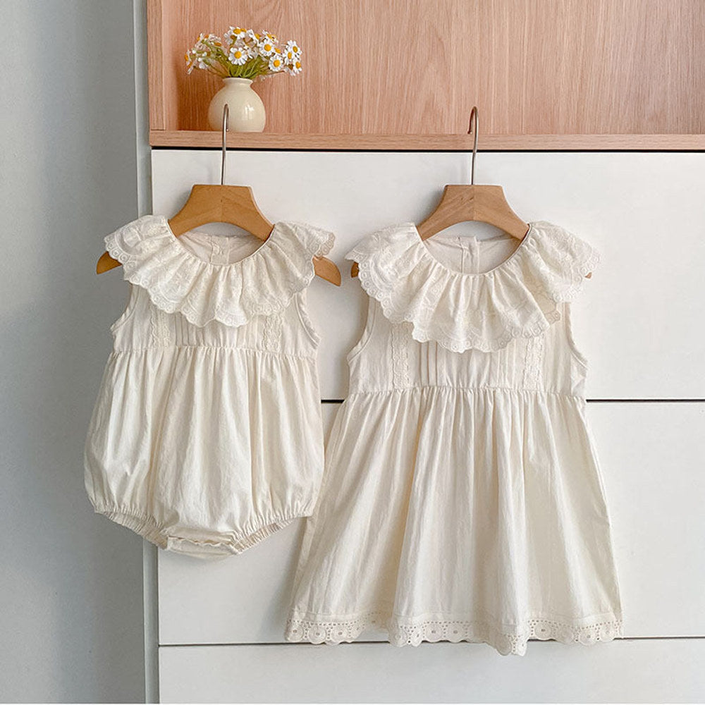 MyKids-USA® Girls Floral Pattern Lace Trim Collar Onesies and Dress – Princess Sister Matching Set