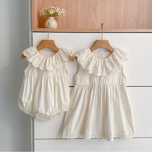 MyKids-USA® Girls Floral Pattern Lace Trim Collar Onesies and Dress – Princess Sister Matching Set