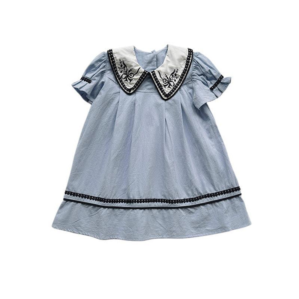 MyKids-USA® Summer Arrival Baby Girls Short Sleeves Vintage Flowers Embroidered Collar Dress