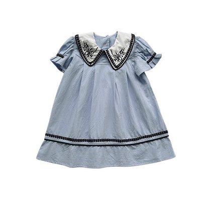 MyKids-USA® Summer Arrival Baby Girls Short Sleeves Vintage Flowers Embroidered Collar Dress