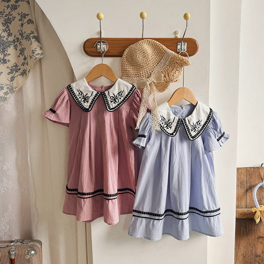 MyKids-USA® Baby Girls Short Sleeves Vintage Flowers Embroidered Collar Dress