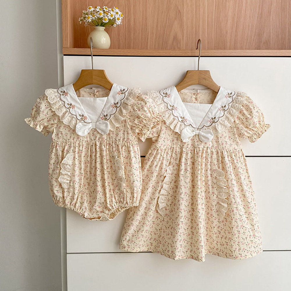 MyKids-USA® Summer Girls Floral Pattern Square Neck Short Sleeves Bodysuit and Dress – Princess Sister Matching Set