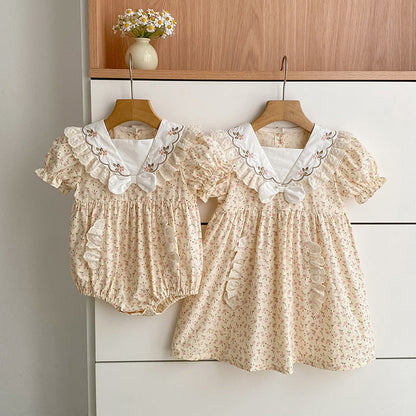 MyKids-USA® Summer Girls Floral Pattern Square Neck Short Sleeves Bodysuit and Dress – Princess Sister Matching Set