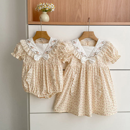 MyKids-USA® Girls Floral Pattern Square Neck Short Sleeves Bodysuit and Dress – Princess Sister Matching Set