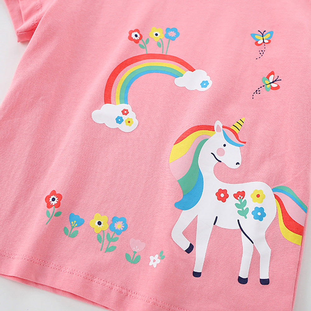 MyKids-USA® Summer Girls’ Unicorn Cartoon Pattern T-shirt in European and American Style