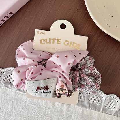 MyKids-USA® Cute Spring Ponytail Hair Tie — Blue & Pink Plaid Scrunchie with Polka Dot Bow