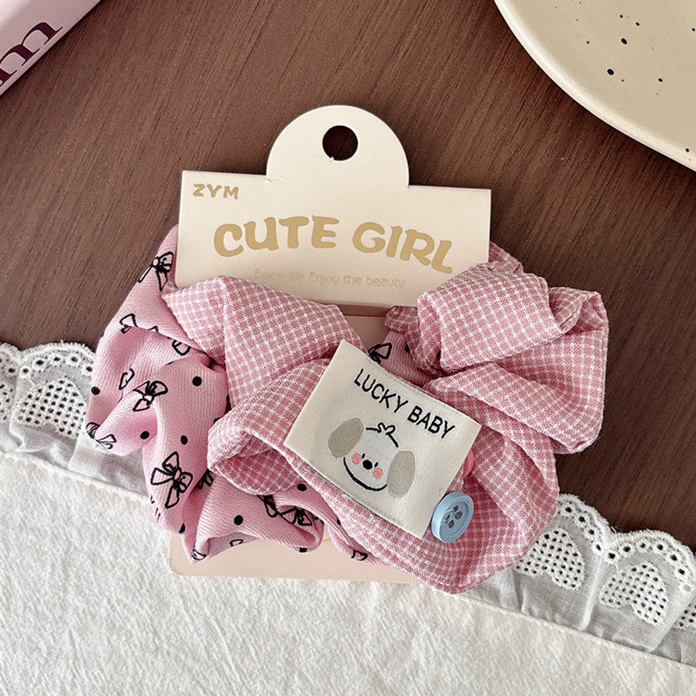 MyKids-USA® Cute Spring Ponytail Hair Tie — Blue & Pink Plaid Scrunchie with Polka Dot Bow