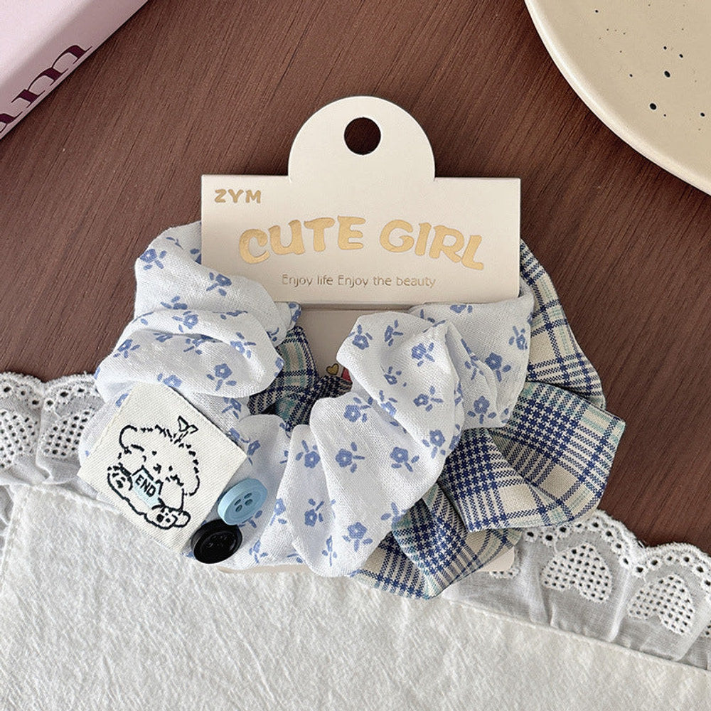 MyKids-USA® Cute Spring Ponytail Hair Tie — Blue & Pink Plaid Scrunchie with Polka Dot Bow