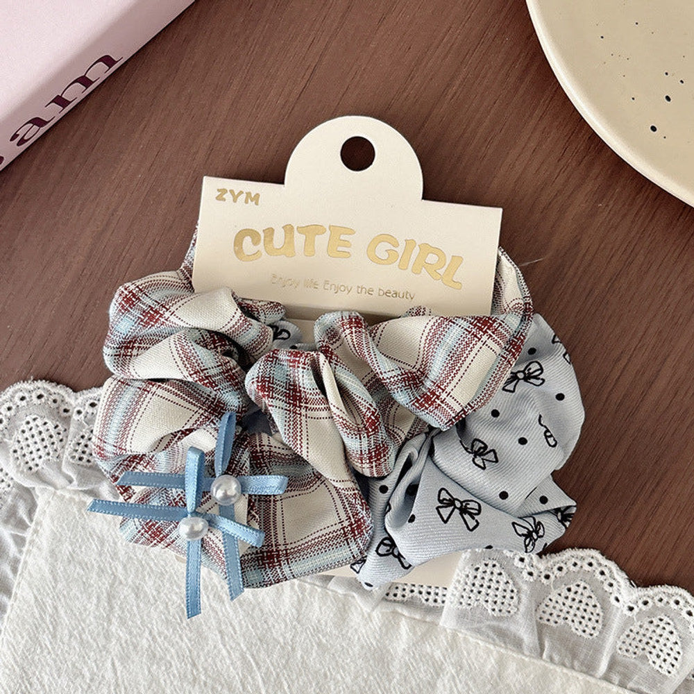MyKids-USA® Cute Spring Ponytail Hair Tie — Blue & Pink Plaid Scrunchie with Polka Dot Bow