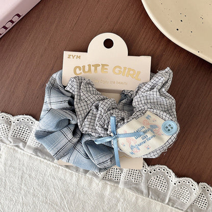 MyKids-USA® Cute Spring Ponytail Hair Tie — Blue & Pink Plaid Scrunchie with Polka Dot Bow