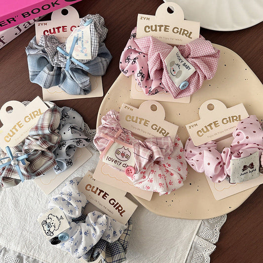 MyKids-USA® Cute Ponytail Hair Tie — Blue Pink Plaid Scrunchie with Polka Dot Bow