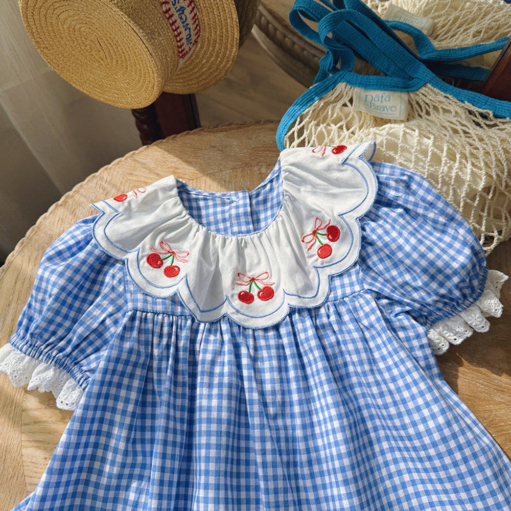 Summer Arrival Baby Girls Short Sleeves Cherry and Plaid Pattern Dress