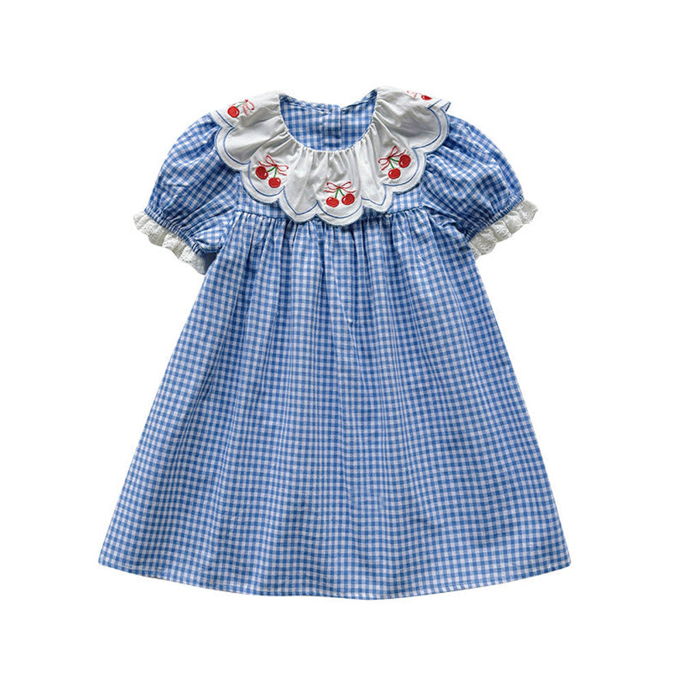 Summer Arrival Baby Girls Short Sleeves Cherry and Plaid Pattern Dress